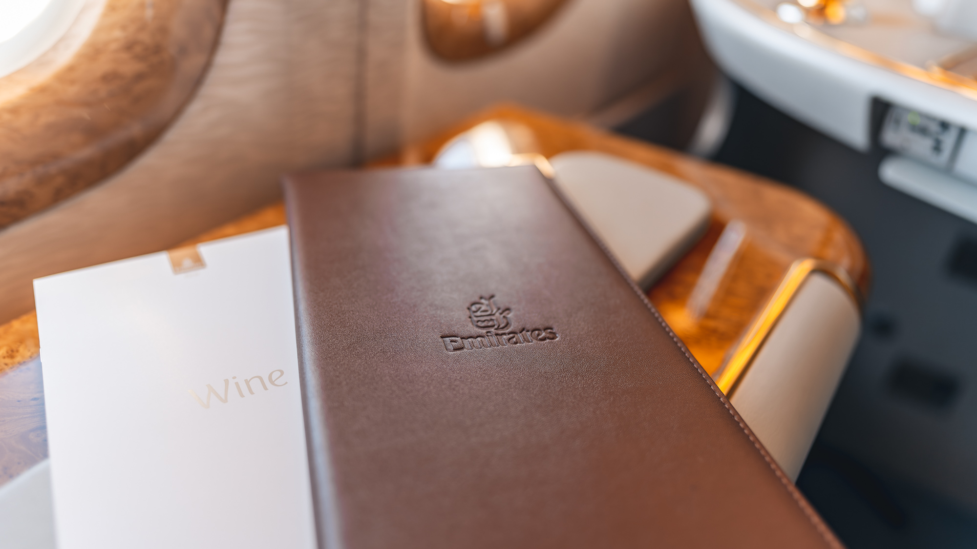 Emirates Boeing 777 First Class leather menu