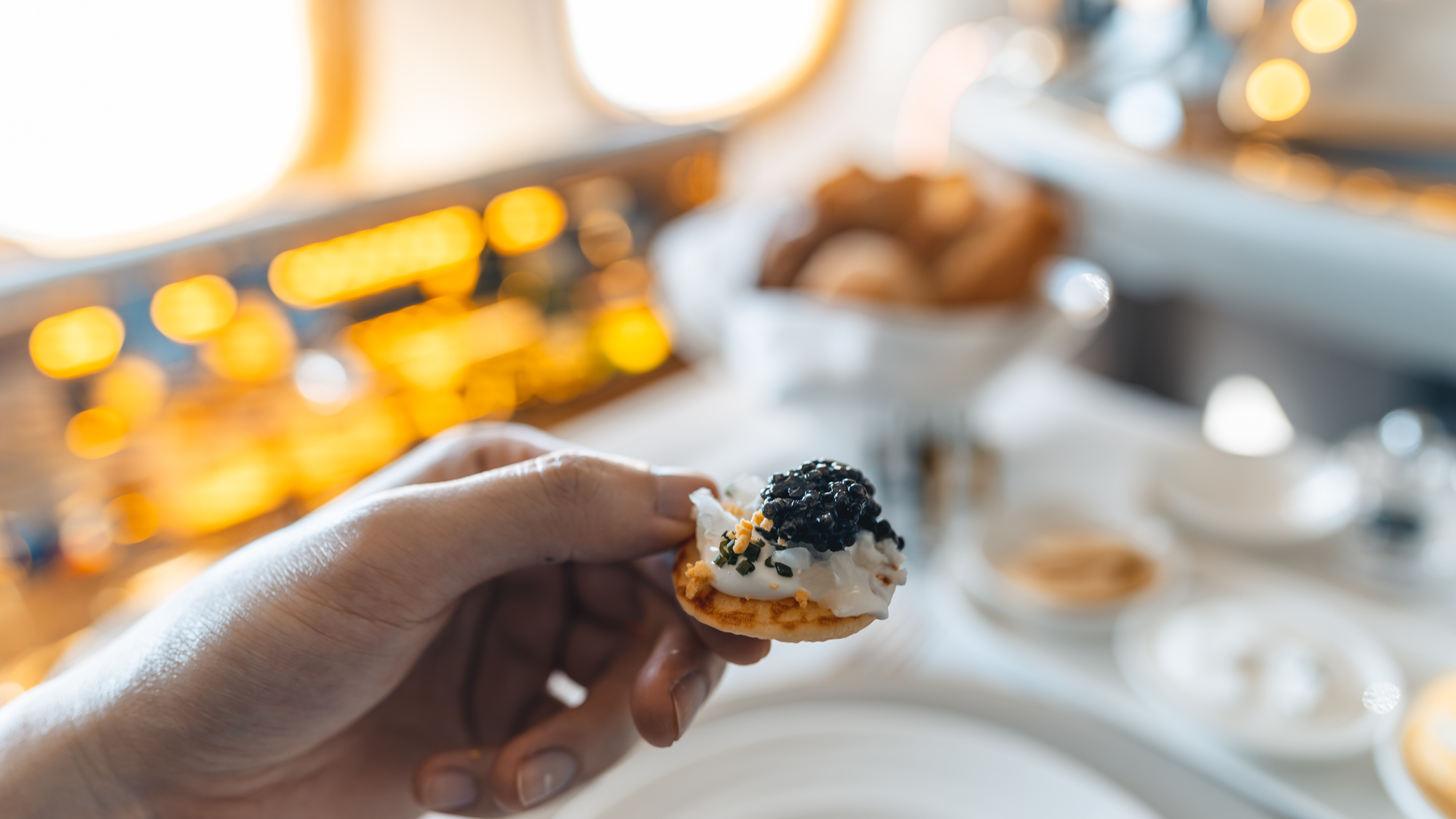 Emirates Boeing 777 First Class caviar bite