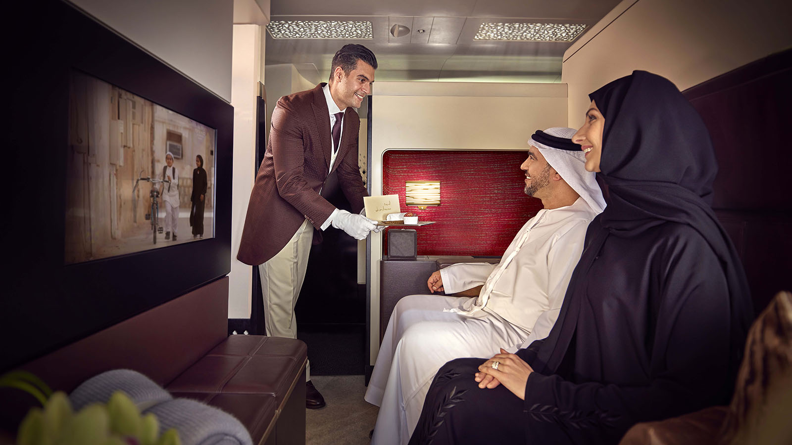 Passengers sit in The Residence on Etihad's Airbus A380