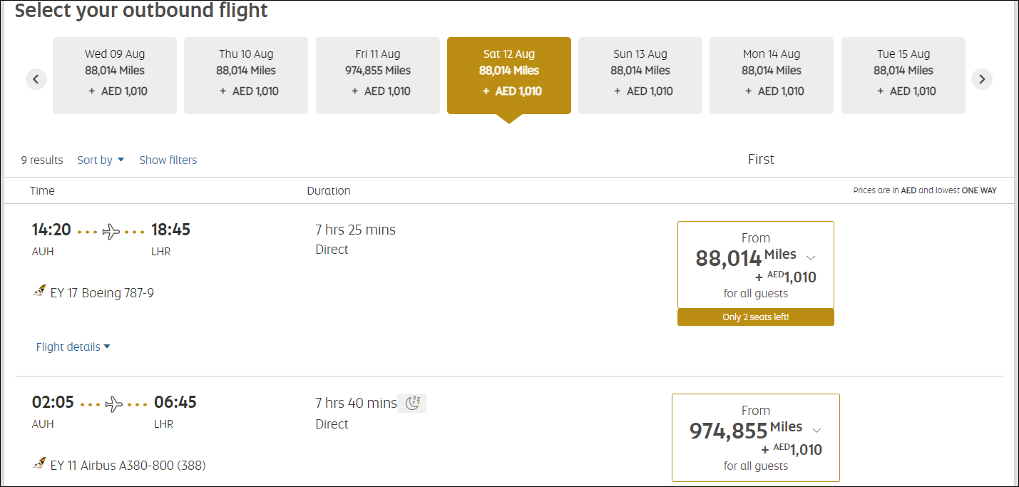 Screenshot of Etihad Airways award booking from Abu Dhabi to London