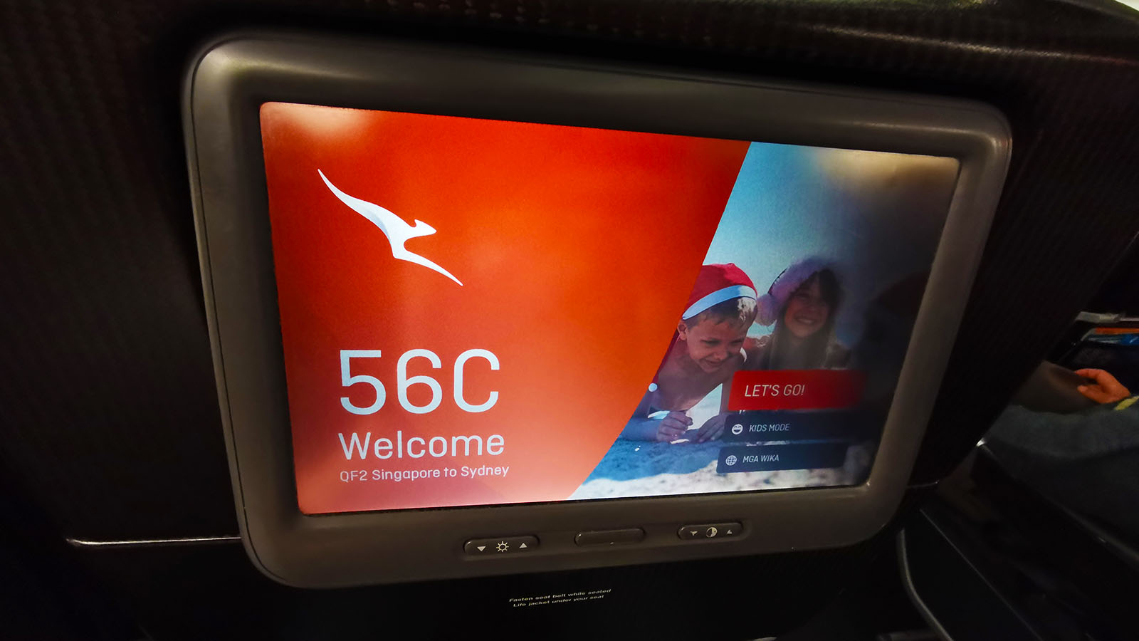 Entertainment screen in Qantas Airbus A380 Economy