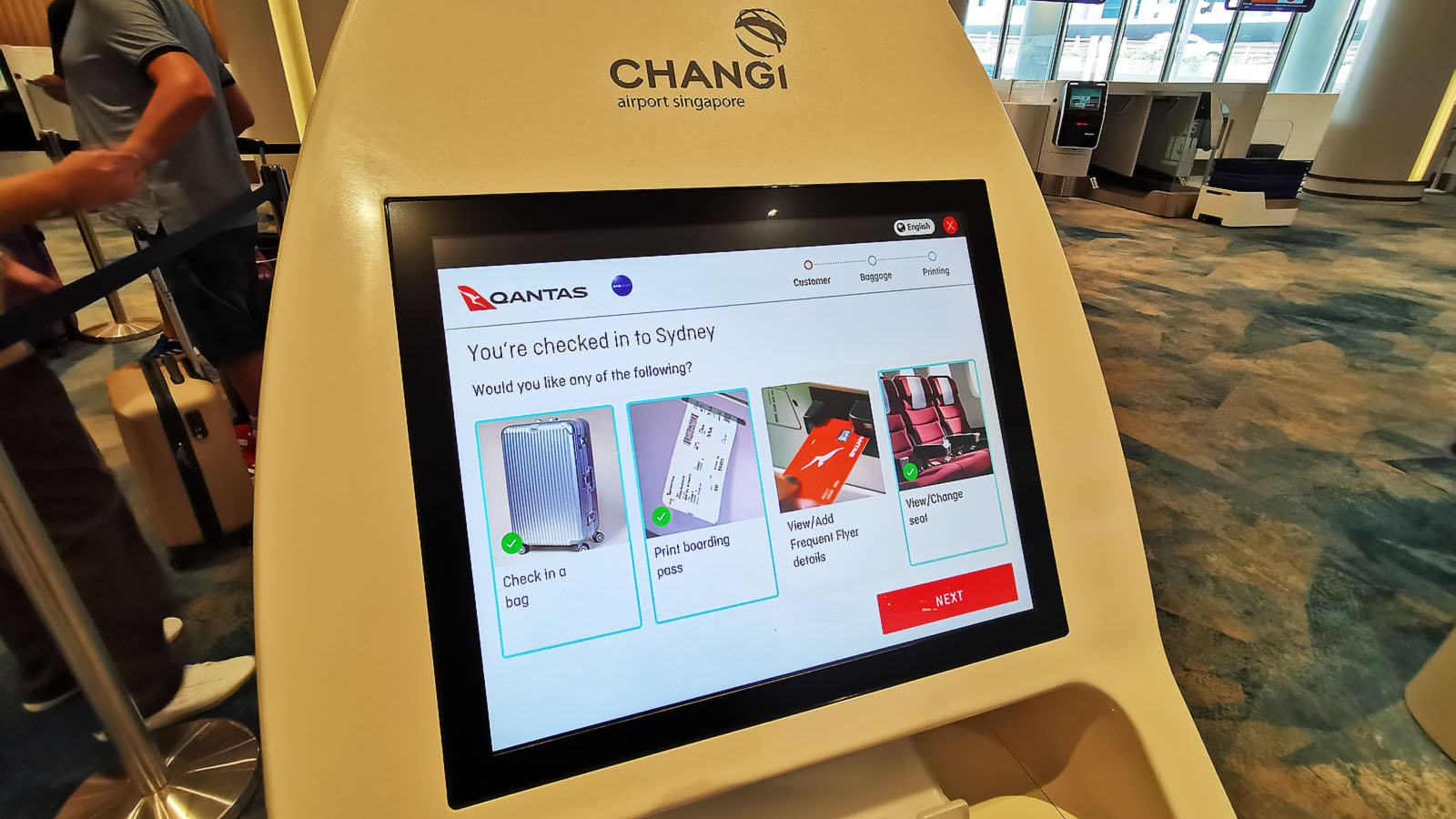 Kiosk check-in for Qantas Airbus A380 Economy