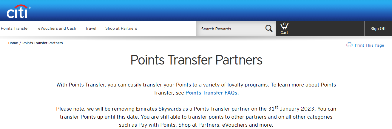 Screenshot of Citi Rewards website showing points transfers to Emirates Skywards being withdrawn