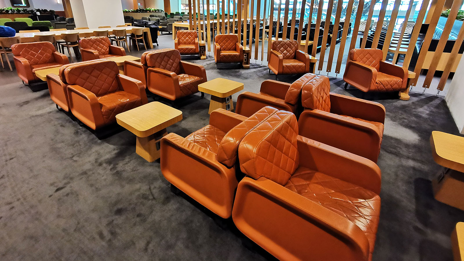 Leather seats at the Qantas International Business Lounge in Singapore