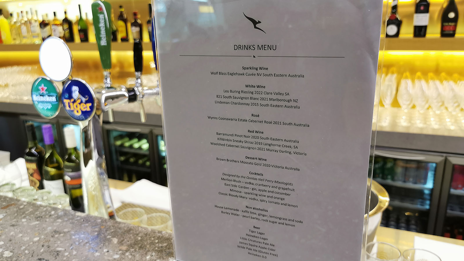 Beverage menu at the Qantas International Business Lounge in Singapore