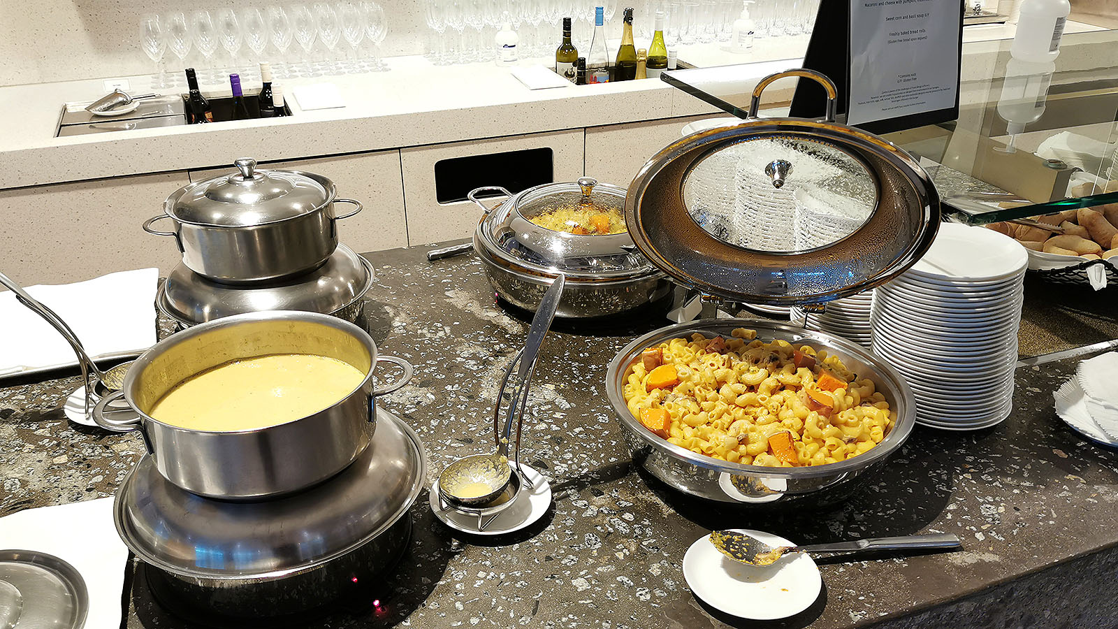 Hot buffet items at the Qantas International Business Lounge in Singapore