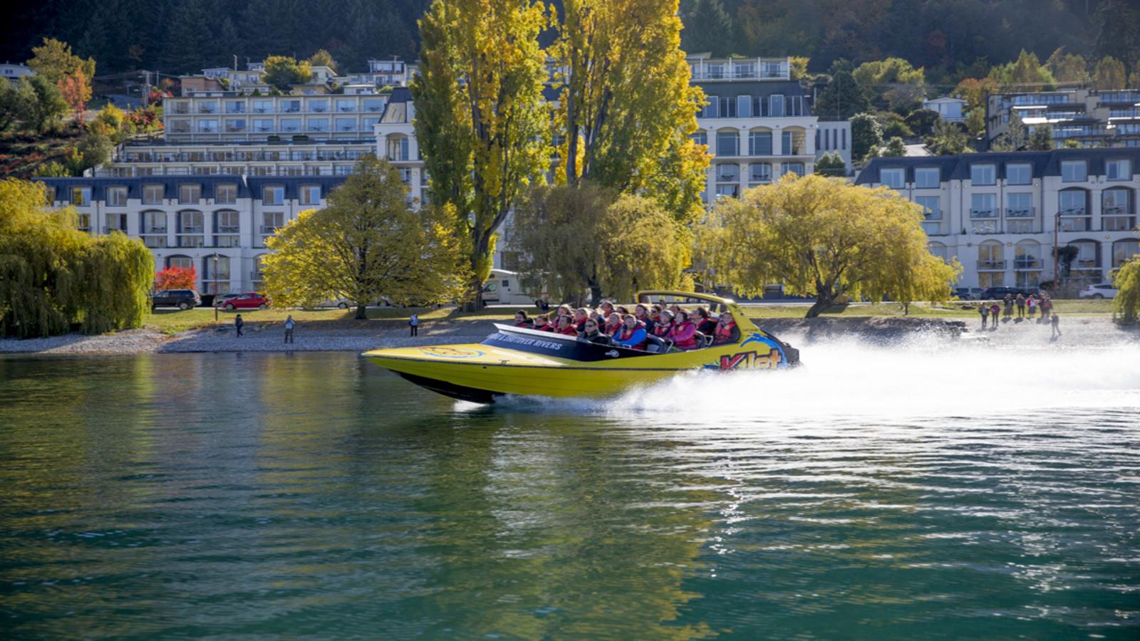 KJet Jet Boat ride in front of Queenstown hotels.