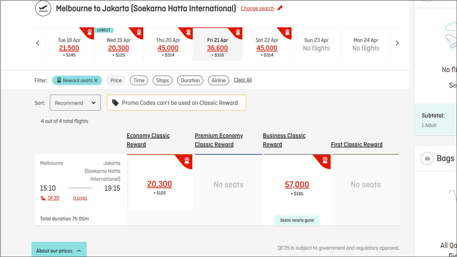 Screenshot of Melbourne to Jakarta Qantas flights on points.