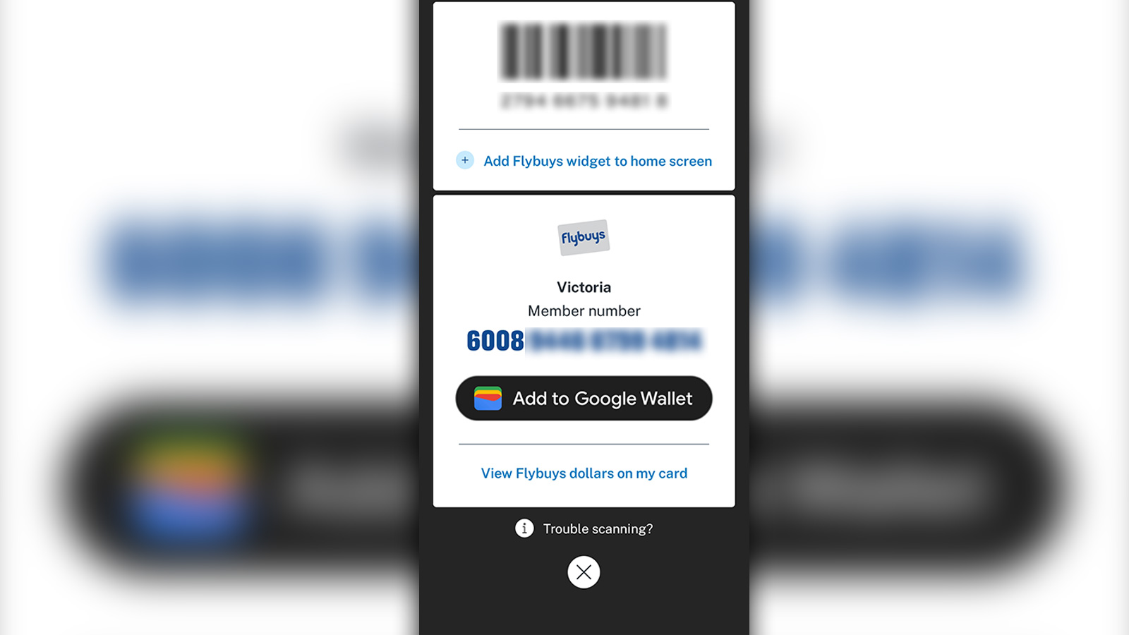 Flybuys app - member barcode