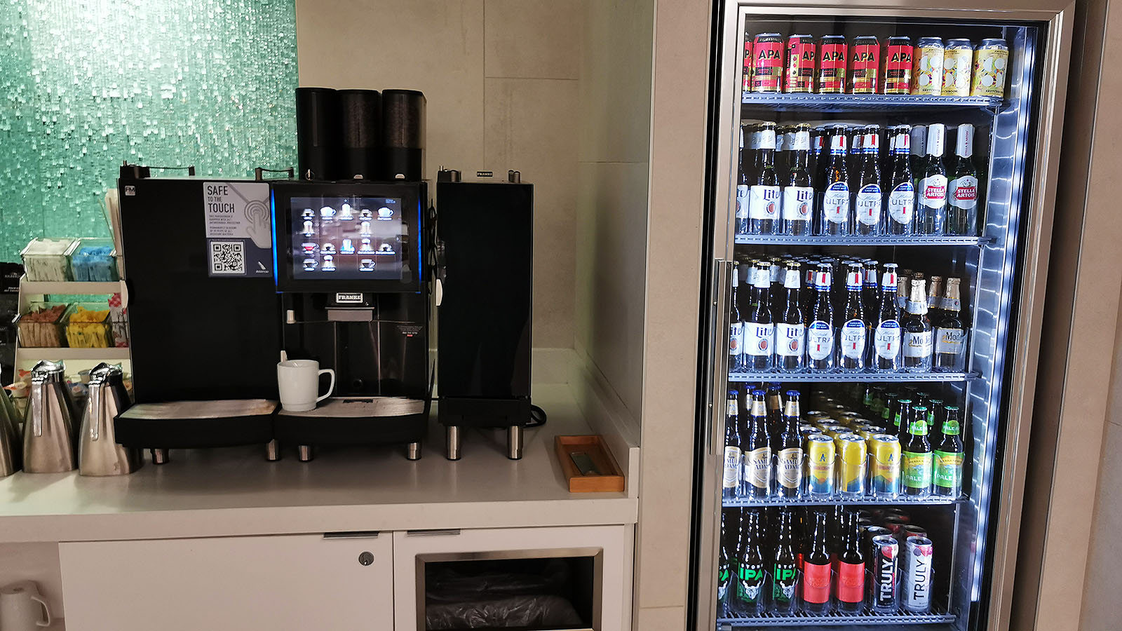 Coffee machine and drinks fridge at AA's Flagship Lounge in Chicago