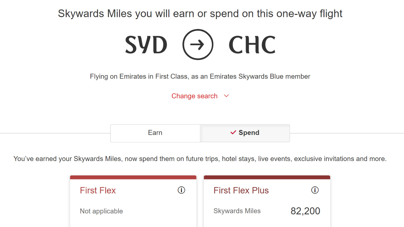 Miles calculator screenshot Emirates Sydney to Christchurch.