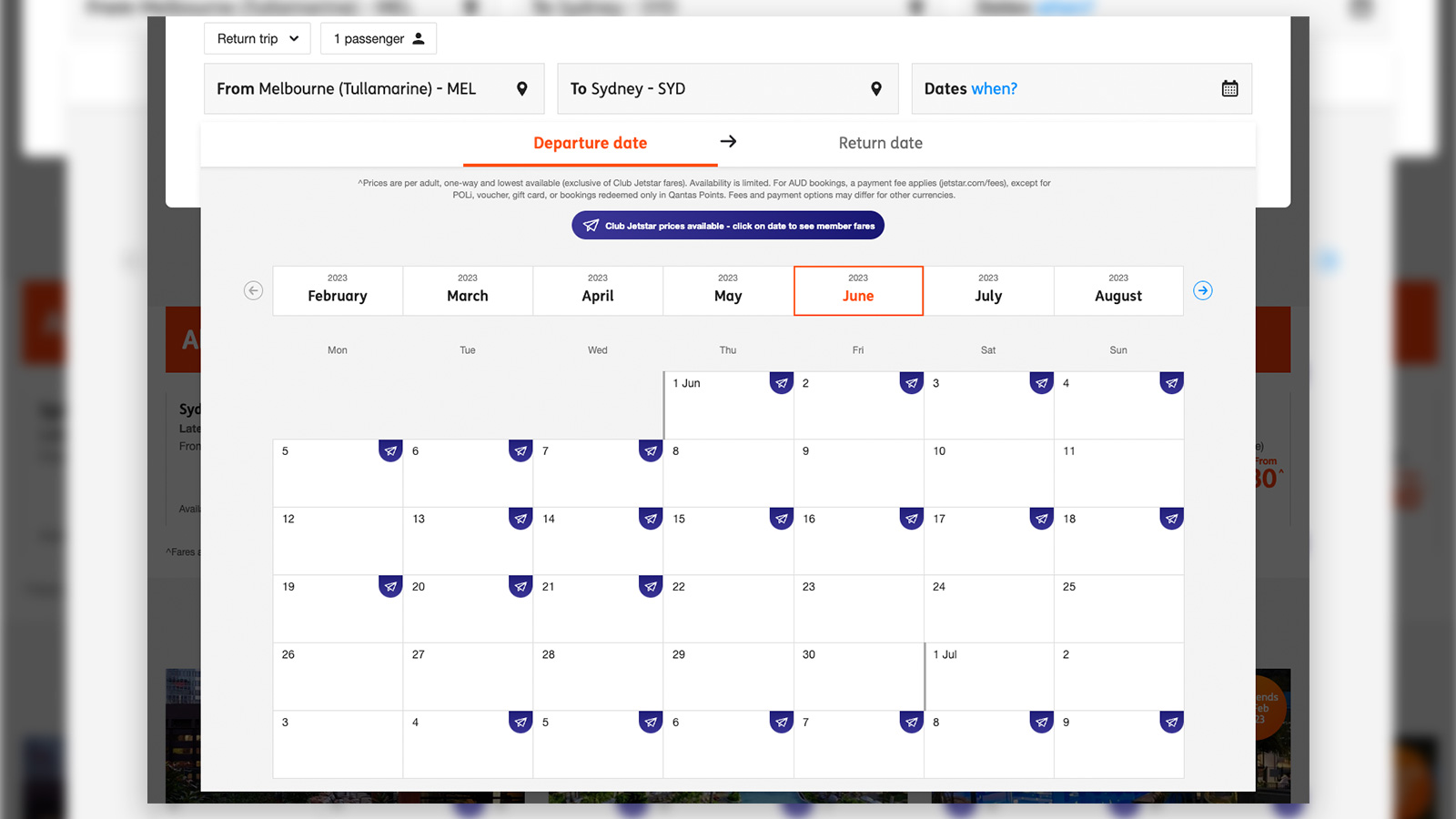 Club Jetstar - search for fares