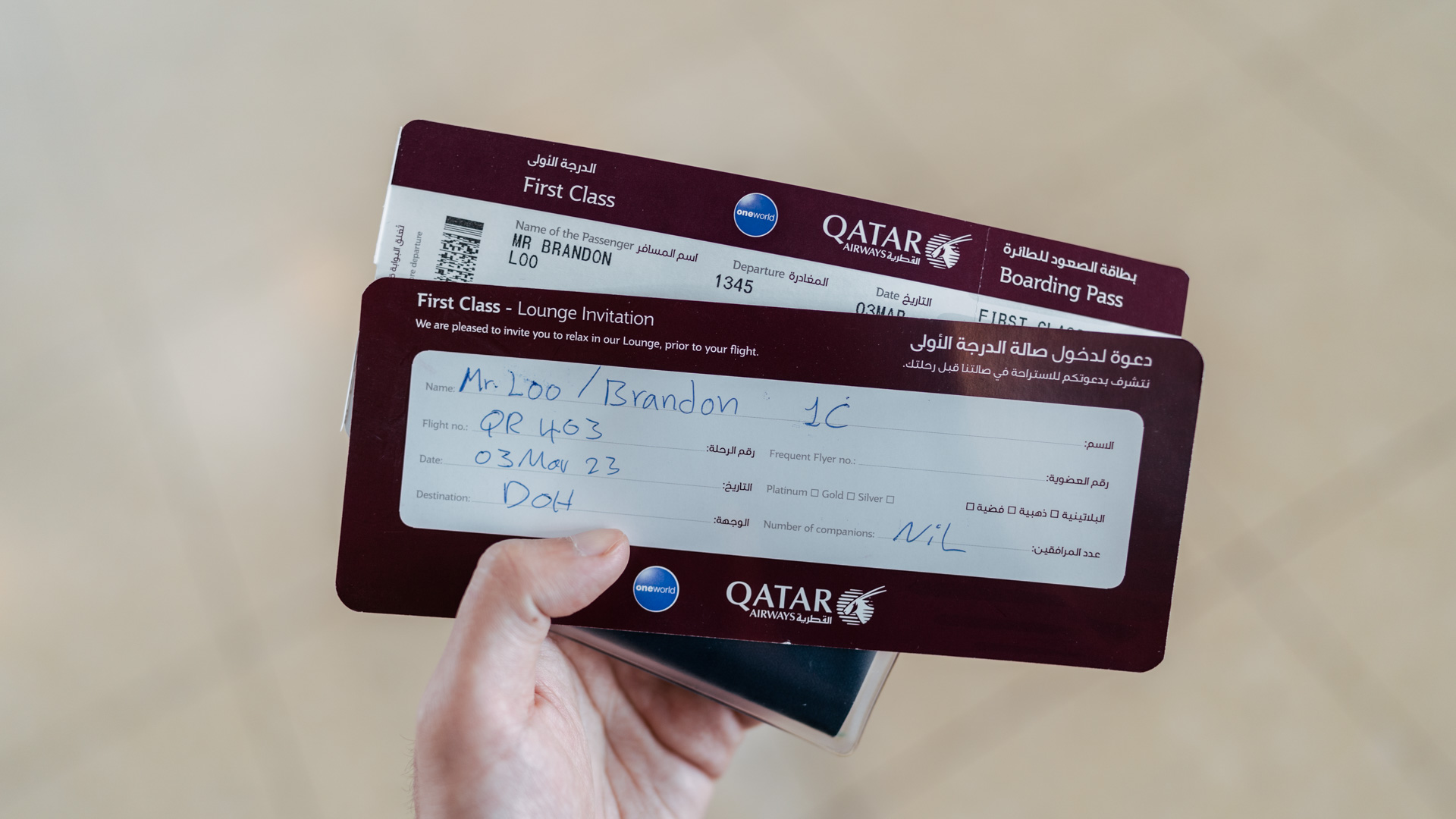 Qatar Airways A320 First Class boarding pass.