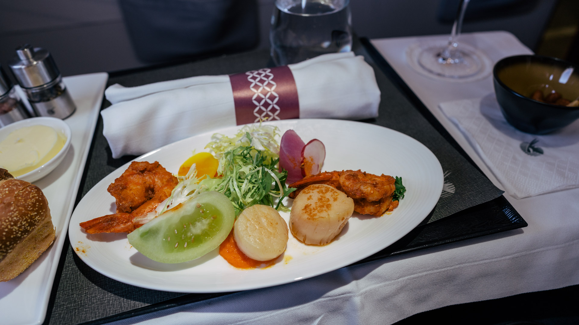 Qatar Airways A320 First Class seafood starter