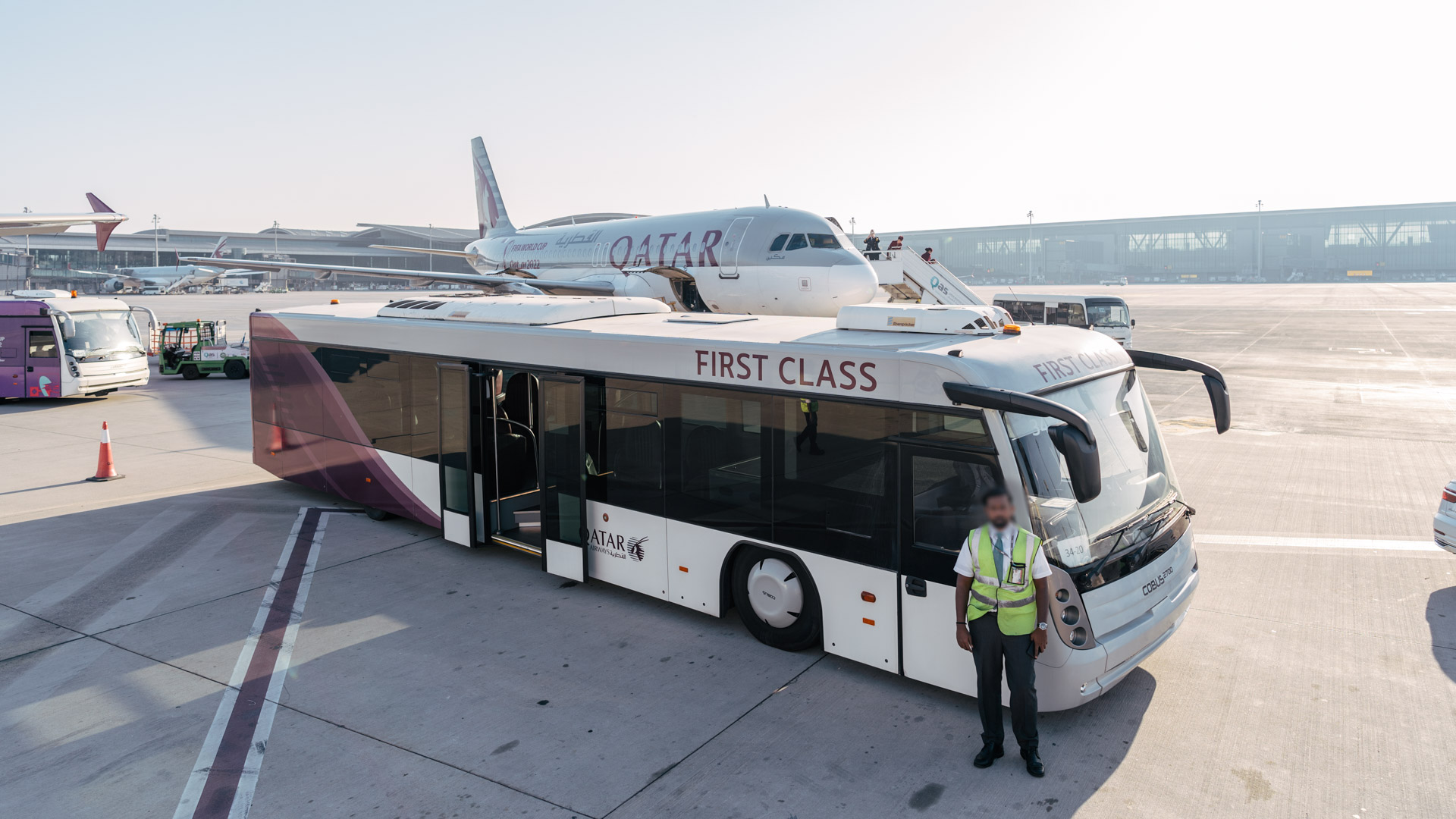 Qatar Airways A320 First Class remote gate bus