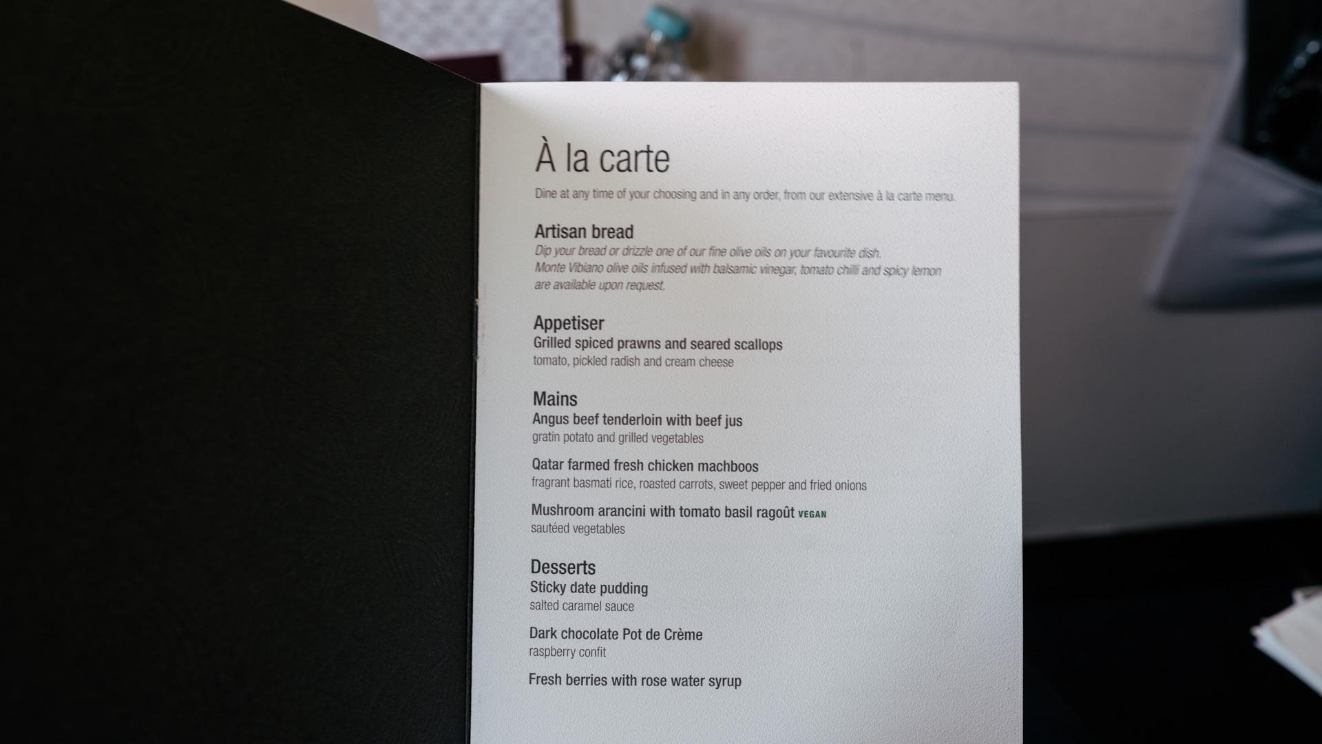 Qatar Airways A320 First Class menu