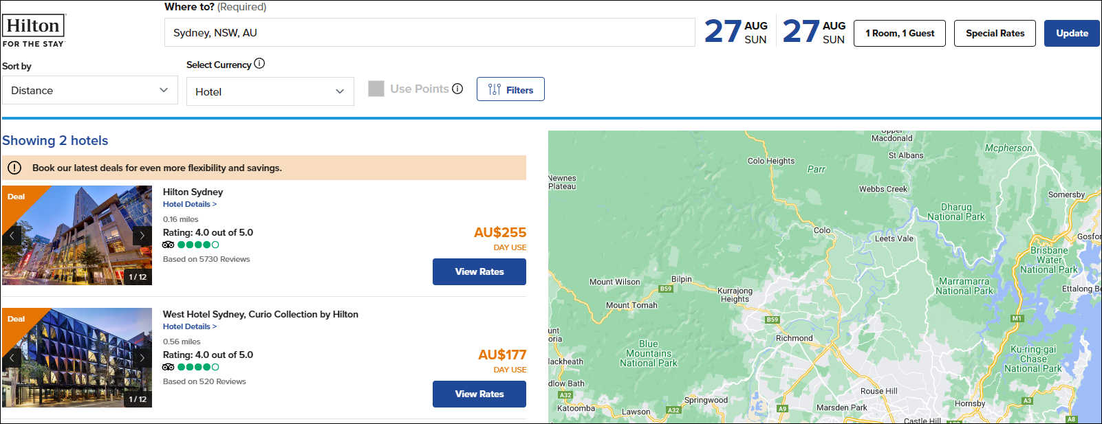 Screenshot of Hilton website showing hotel day use room rates.