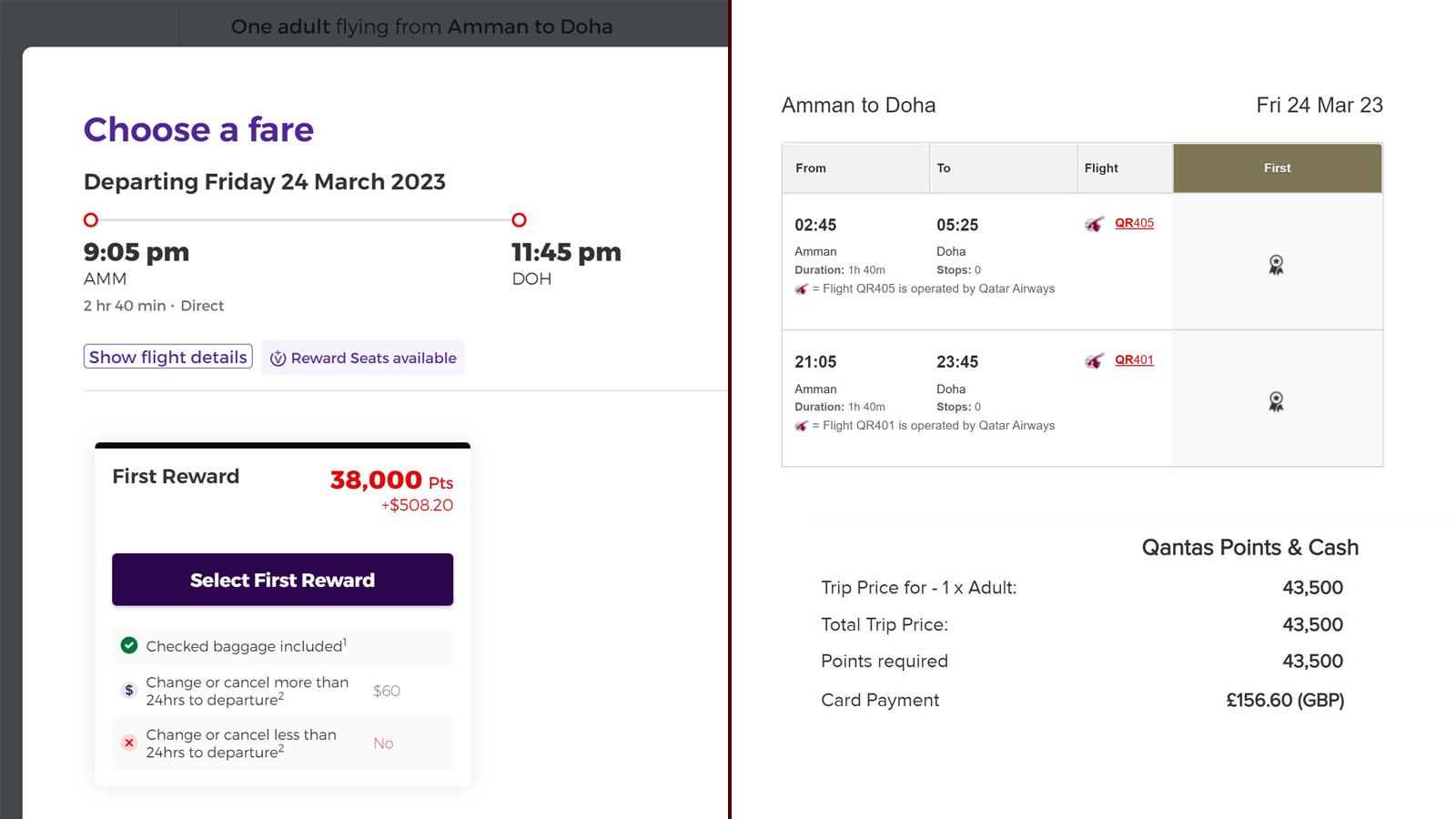 Qatar Airways Regional First Class booking with points