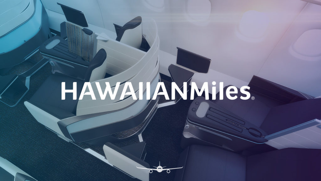 HawaiianMiles logo over a Hawaiian Airlines Business Class seat