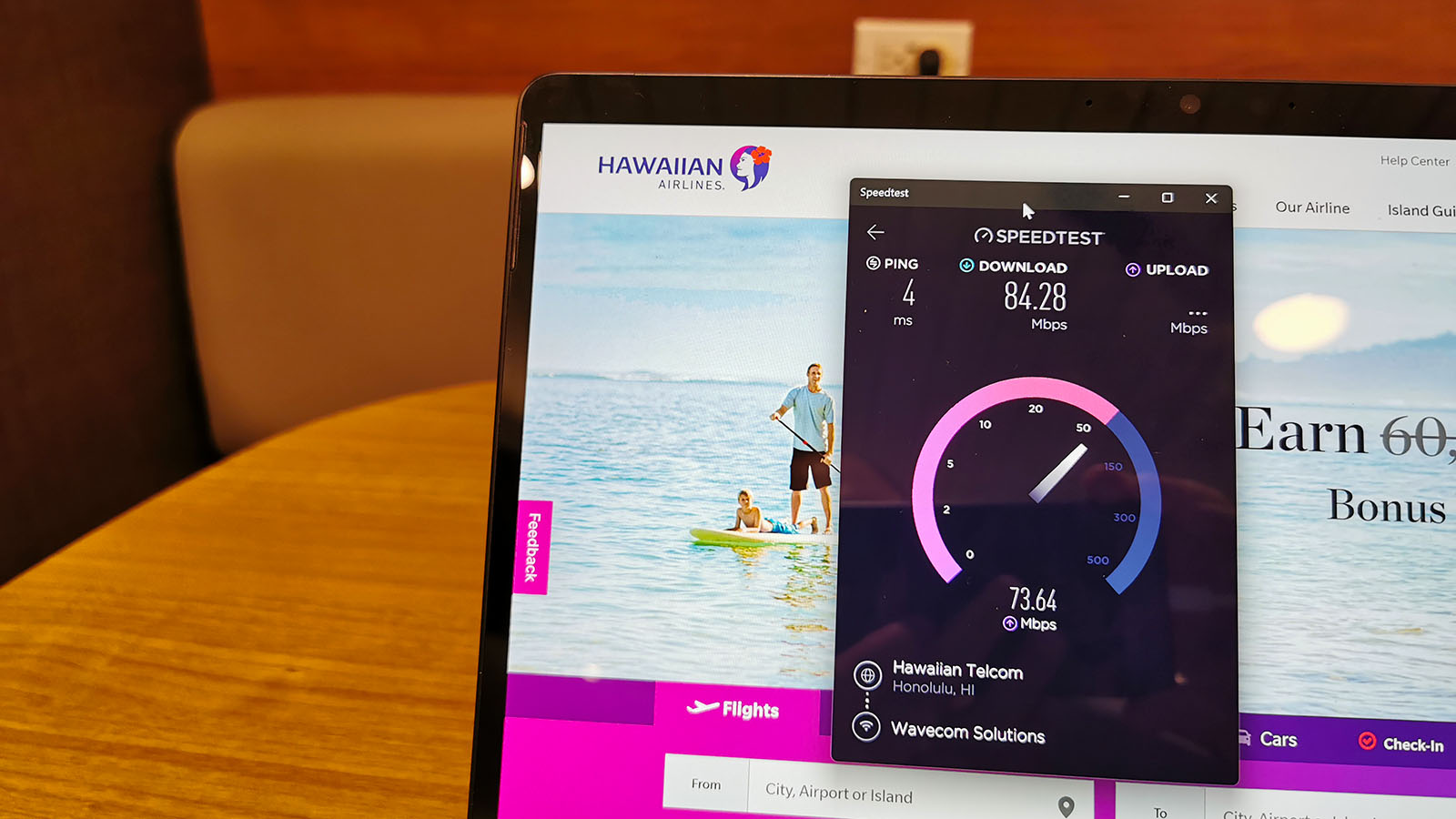 Wi-Fi network speed test in Hawaiian Airlines' The Plumeria Lounge in Honolulu