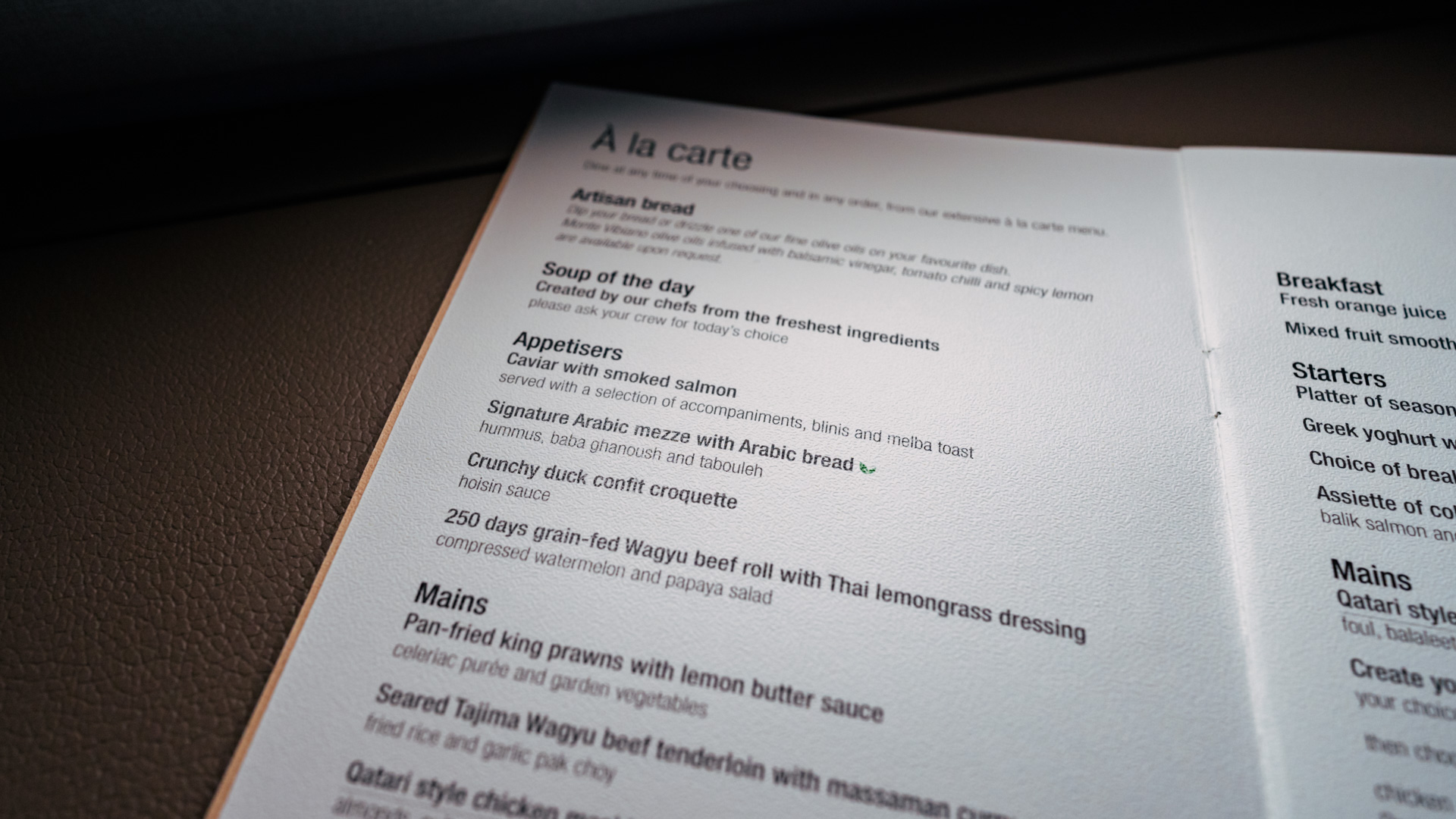 Qatar Airways A380 First Class menu appetisers