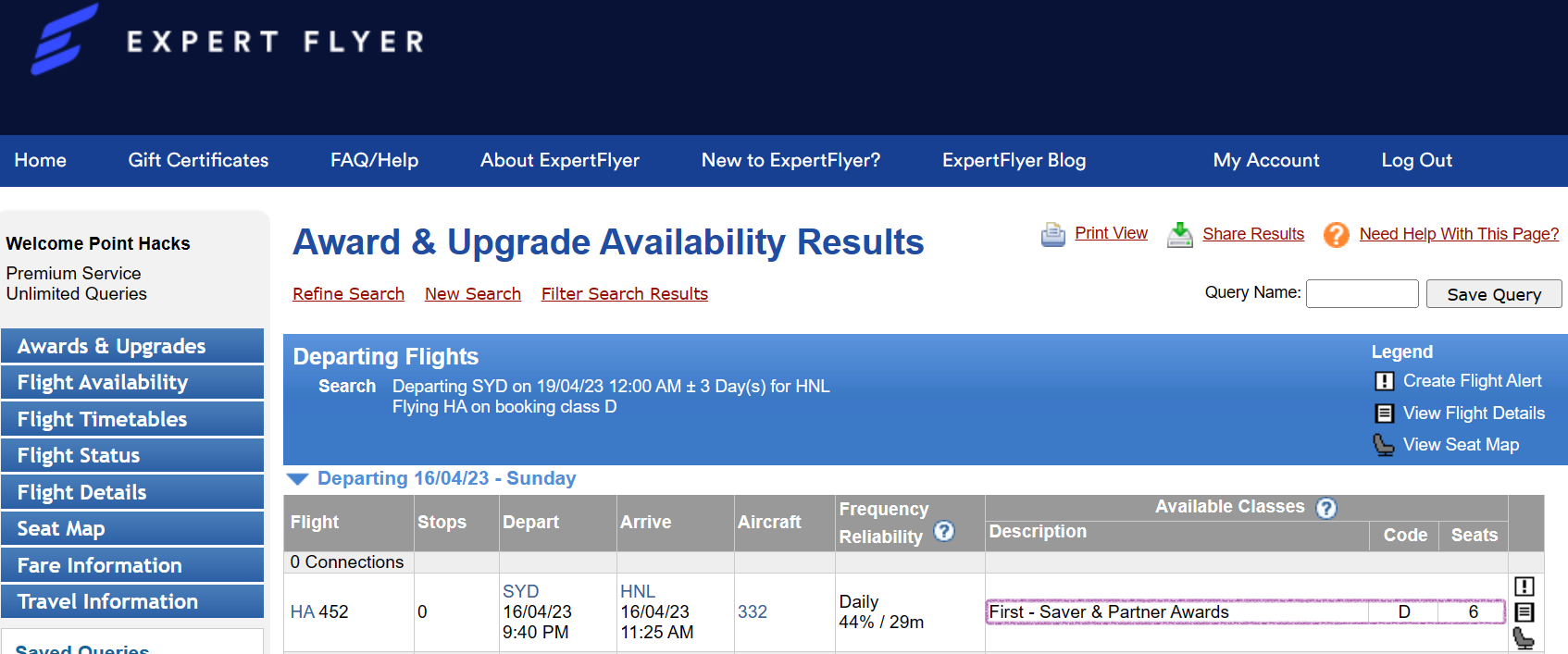 Screenshot of Sydney-Honolulu Business Class reward seat availability with Hawaiian Airlines
