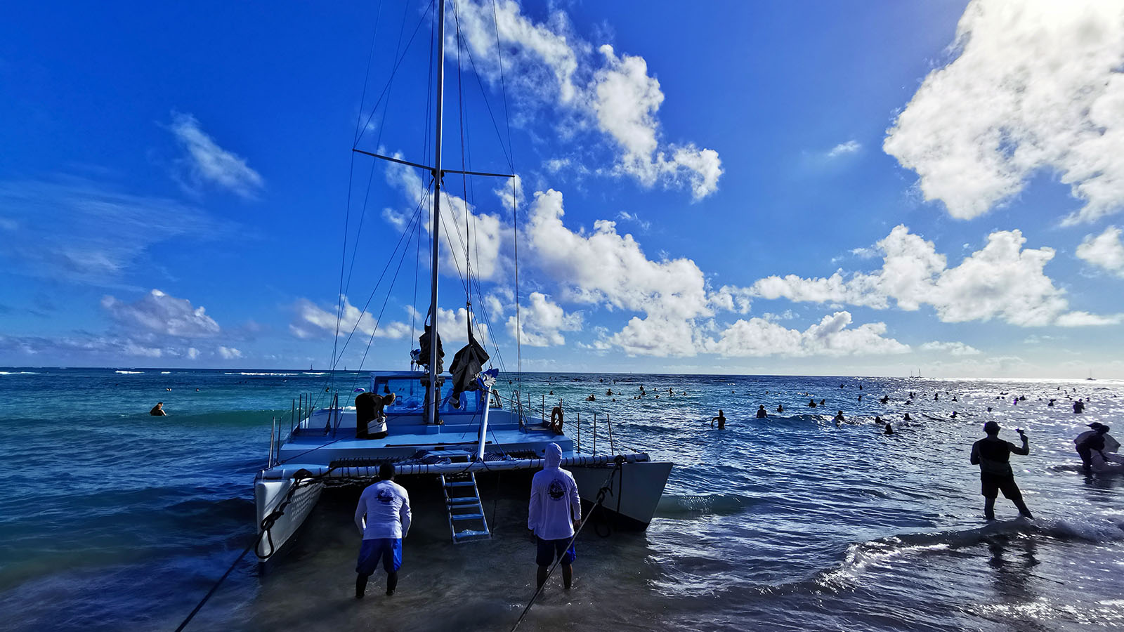 Getting on a catamaran in Hawaii