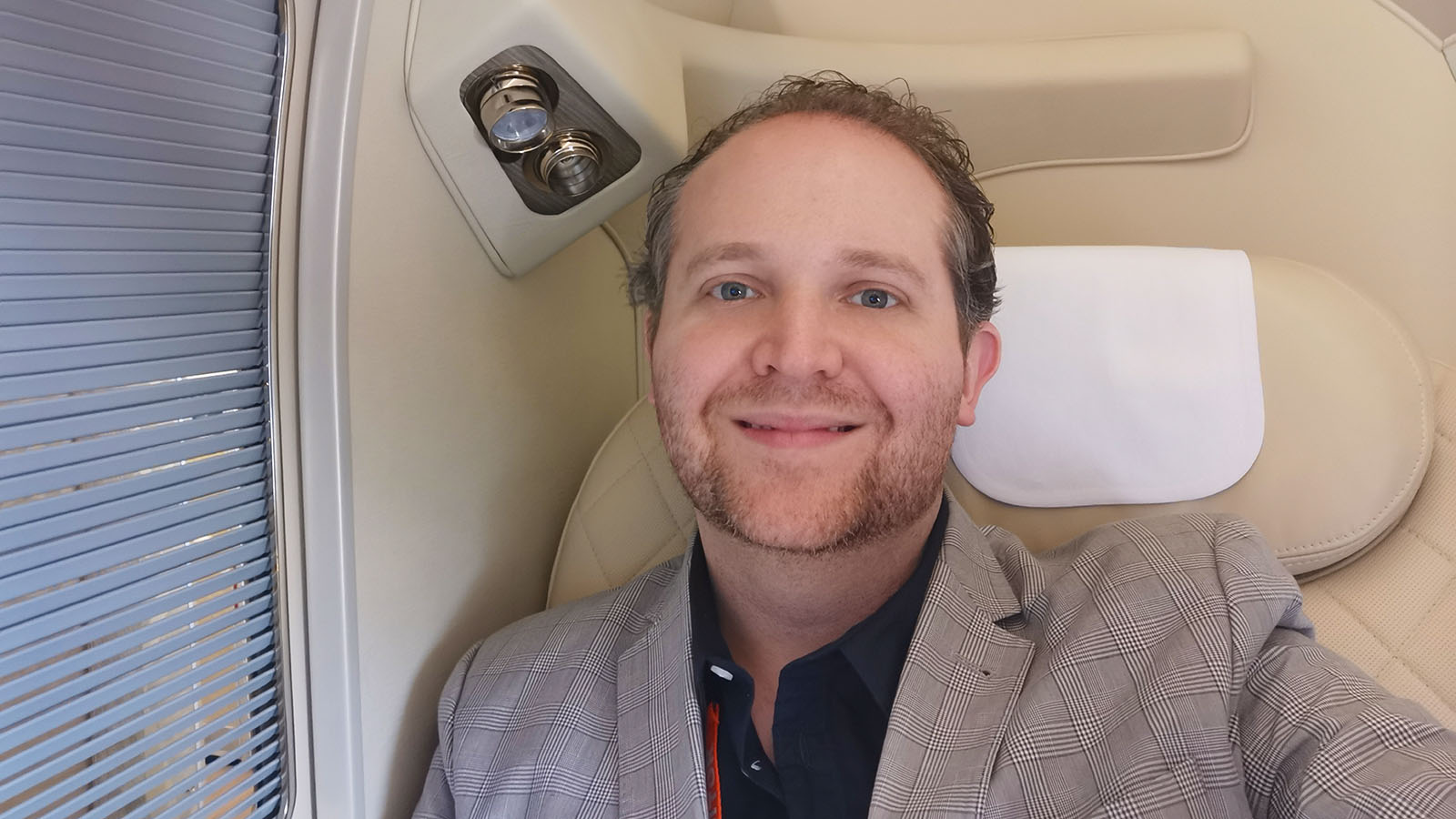Travel writer Chris Chamberlin in Emirates First Class from Melbourne