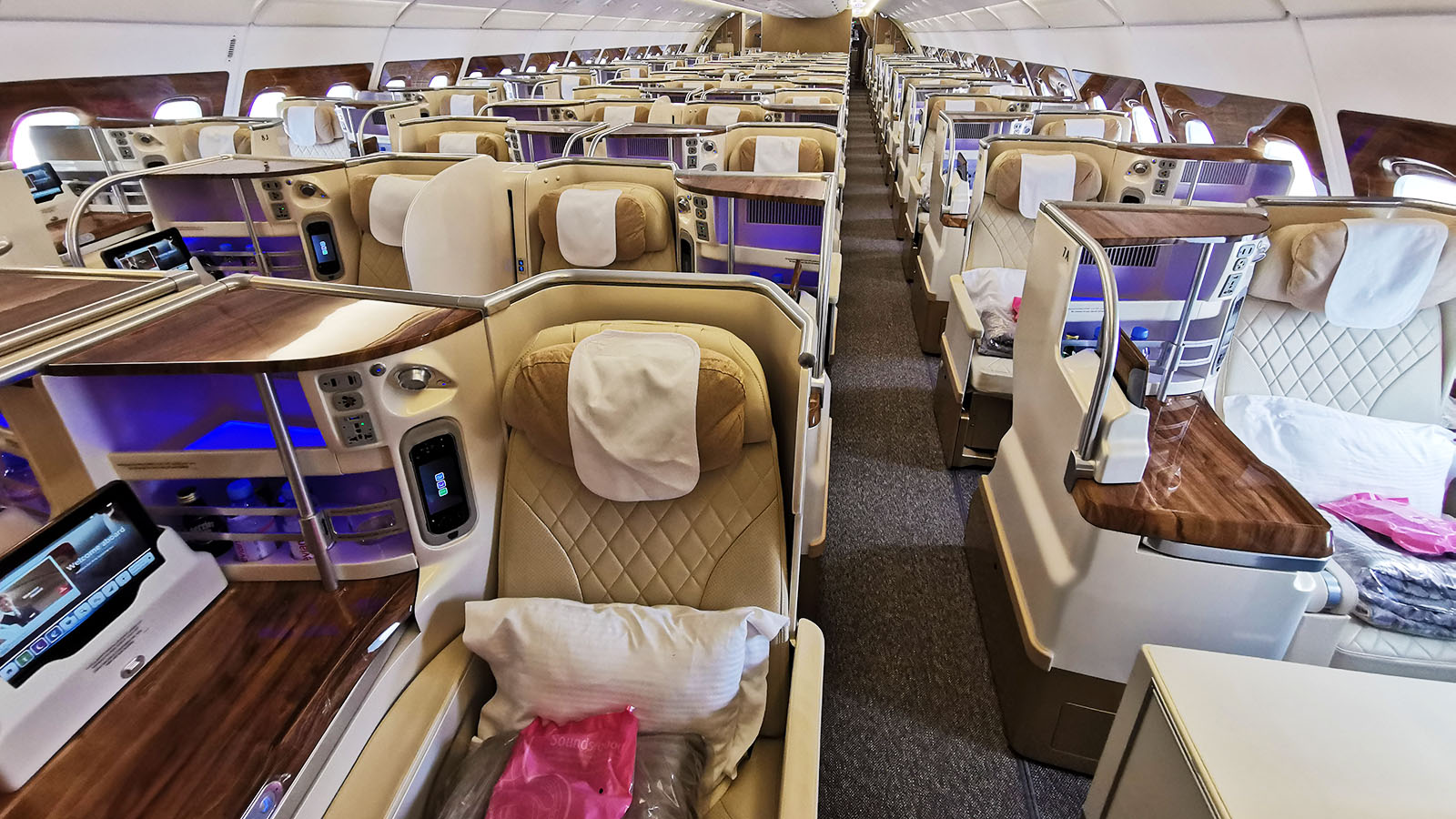 Business Class cabin on Emirates' Airbus A380 from Melbourne