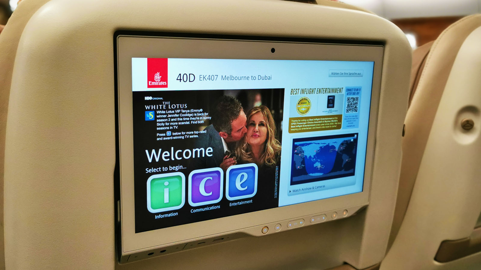 Premium Economy entertainment screen on Emirates' Airbus A380 from Melbourne