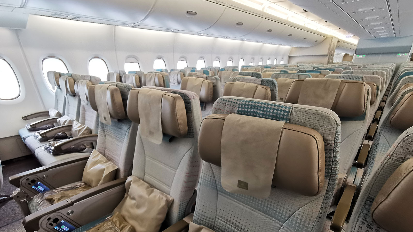 Side view of Emirates' Economy Class seating on the Airbus A380 from Melbourne