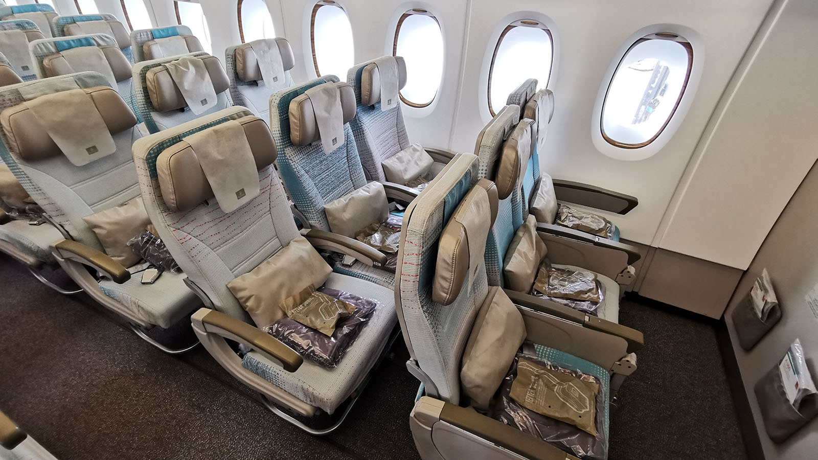 Economy Class seats by the windows on Emirates' Airbus A380 from Melbourne