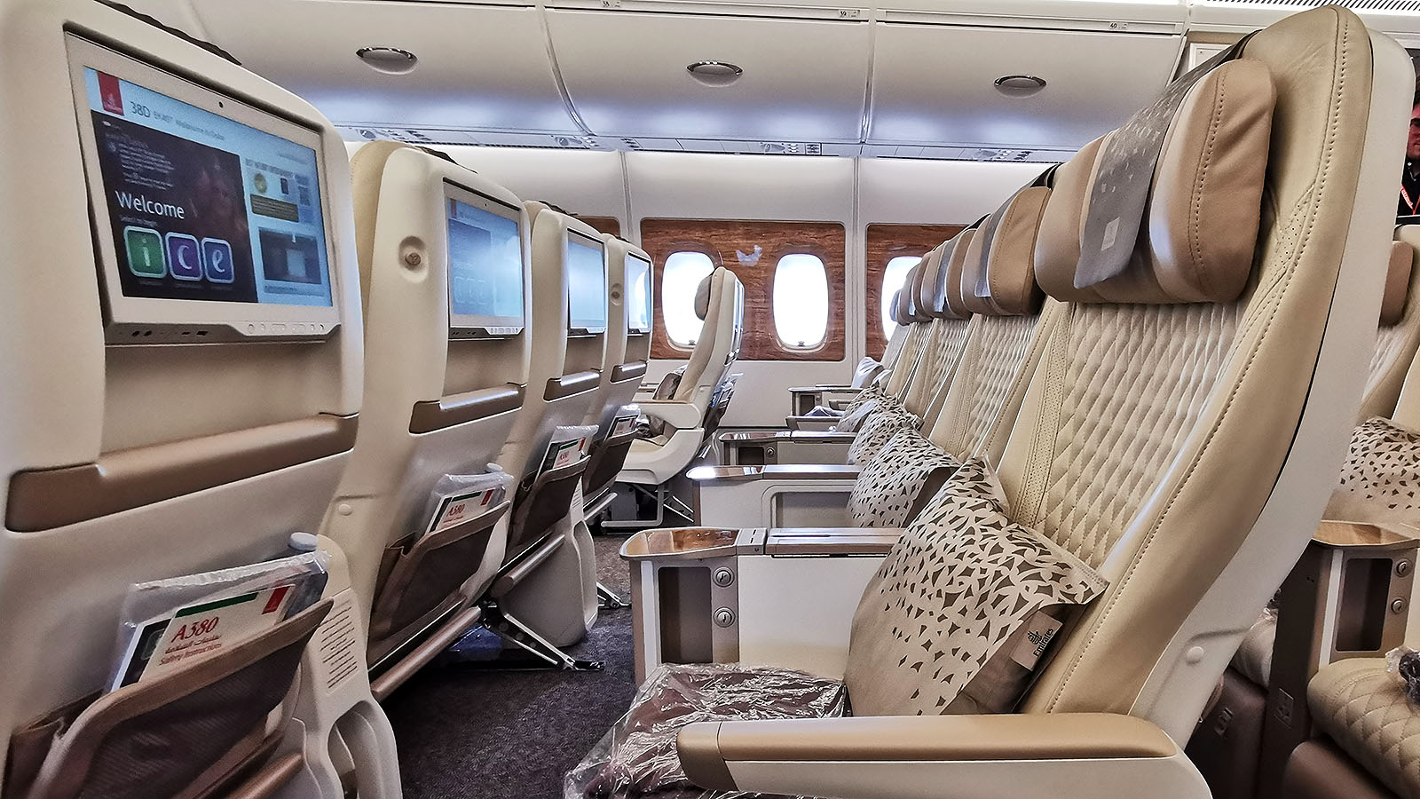 Centre group of Premium Economy seats on Emirates' Airbus A380 from Melbourne