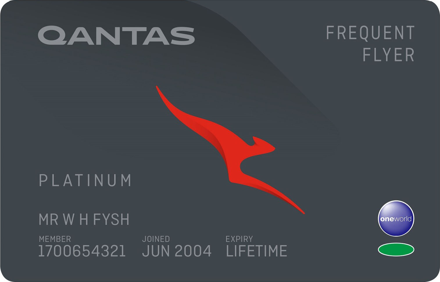 Qantas Lifetime Platinum frequent flyer membership card