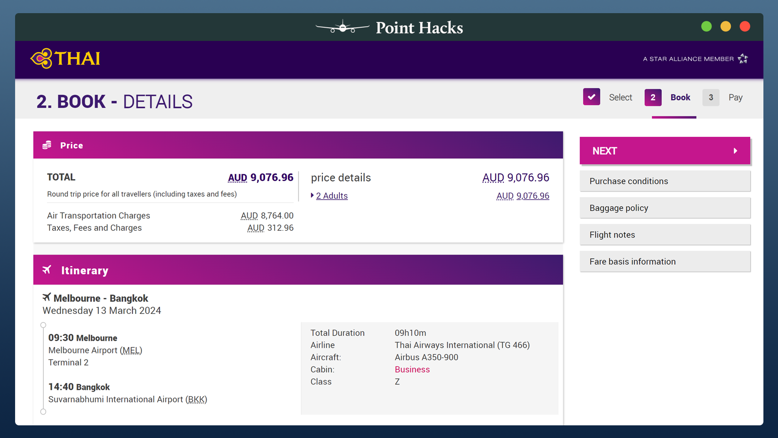 Thai Airways Business fare comparison