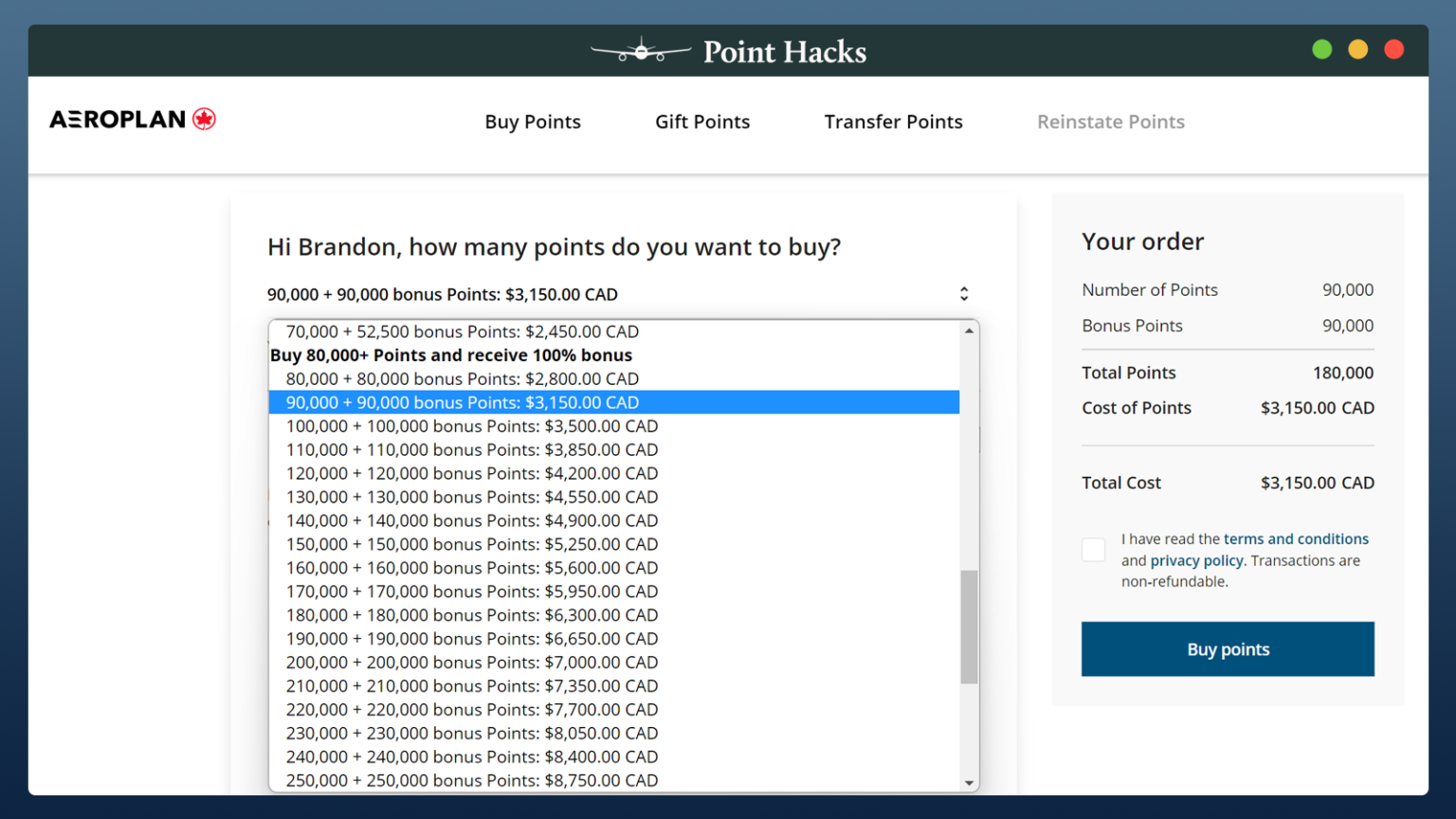 Your Guide To Buying Aeroplan Points Point Hacks   Aeroplan 90K Points 100 Bonus V2 Point Hacks 1536x864 