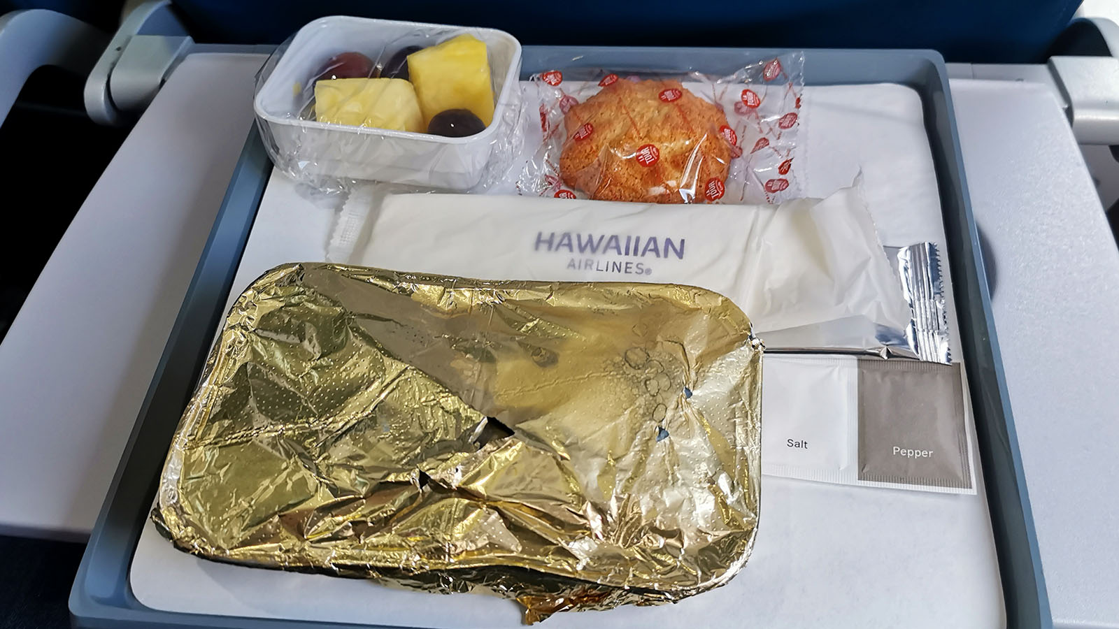Hot meal served on Hawaiian Airlines in Economy