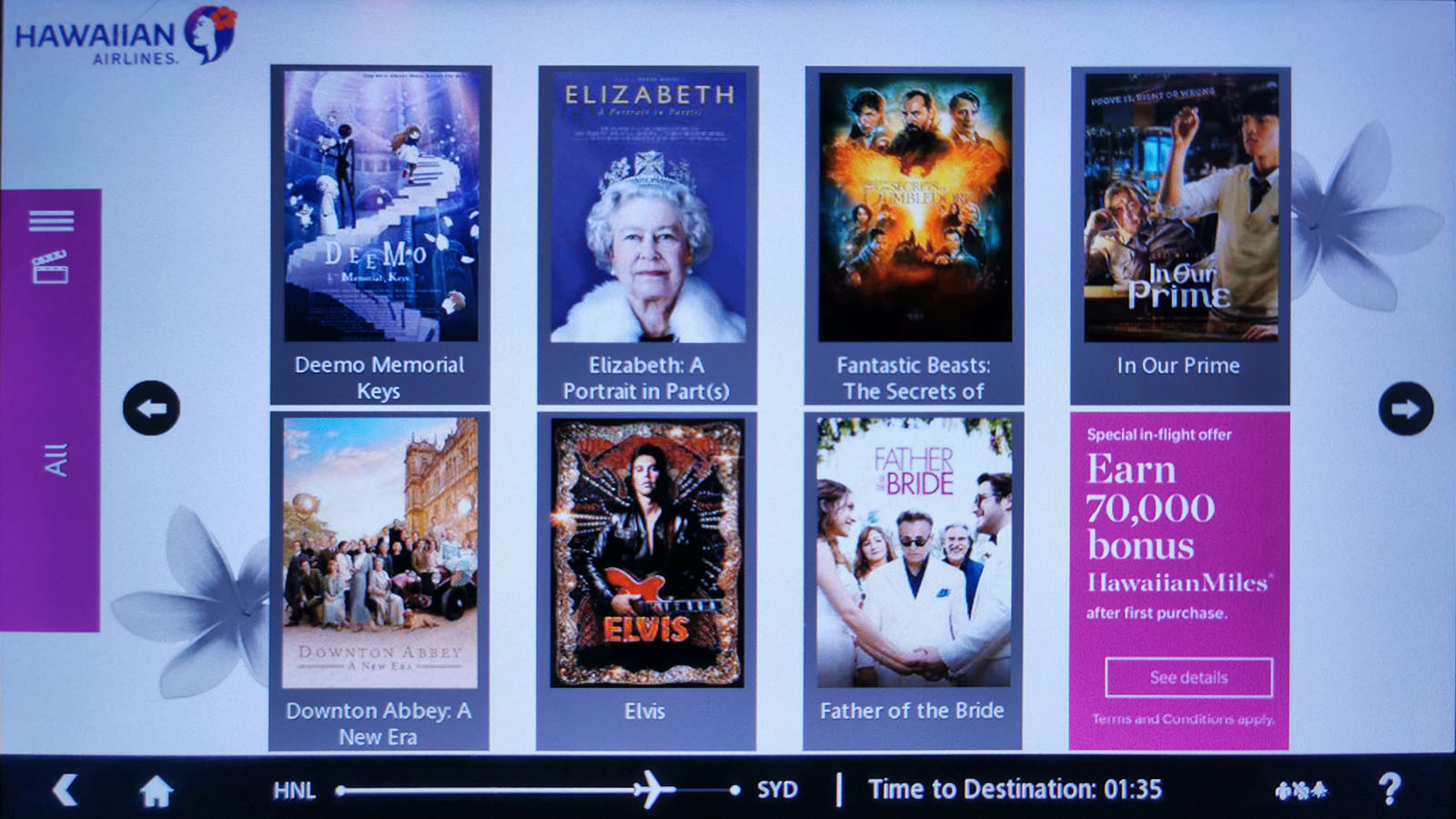 Choose your movie in Economy on Hawaiian Airlines