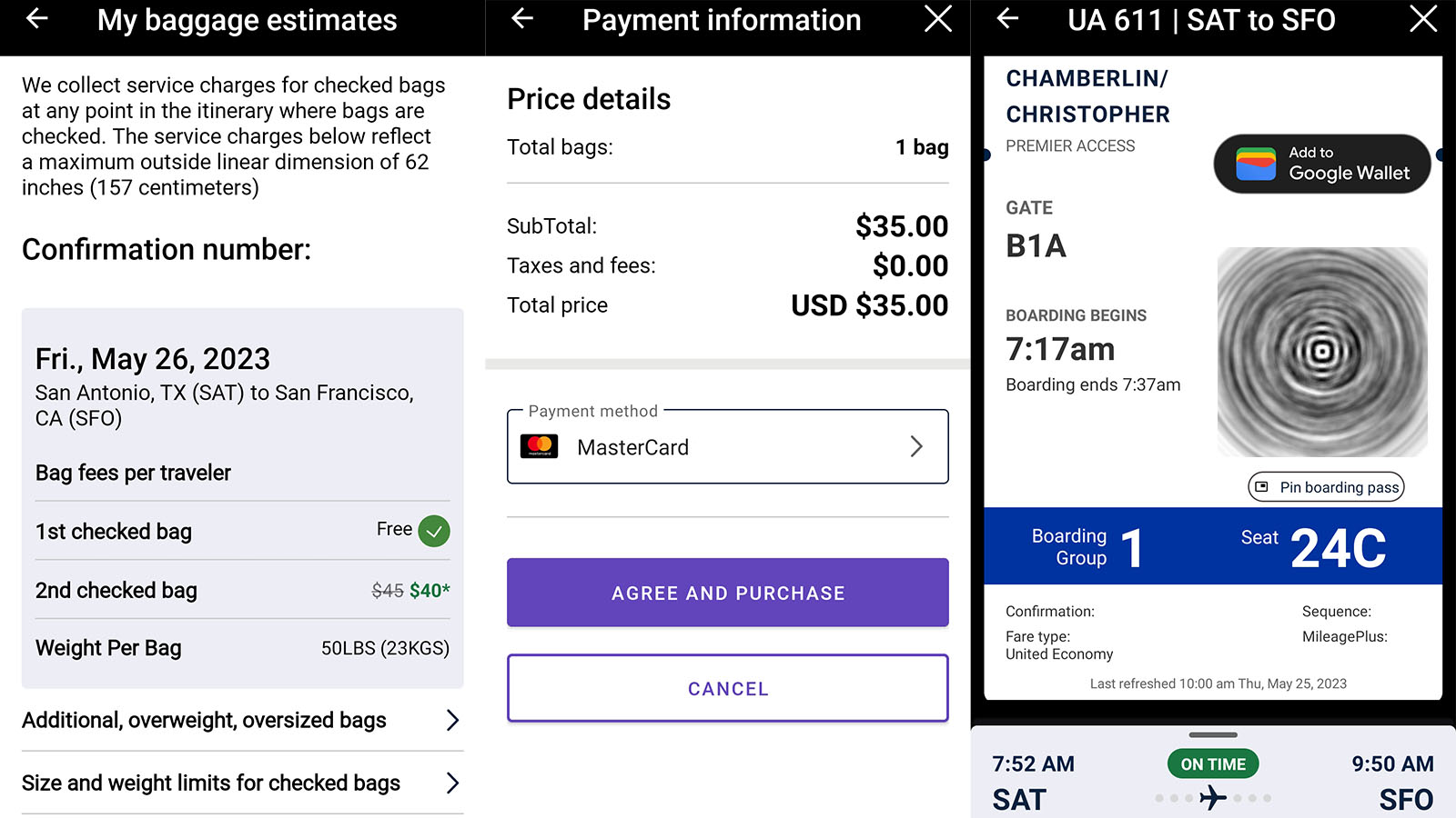 Baggage fee waiver and boarding pass with United Airlines