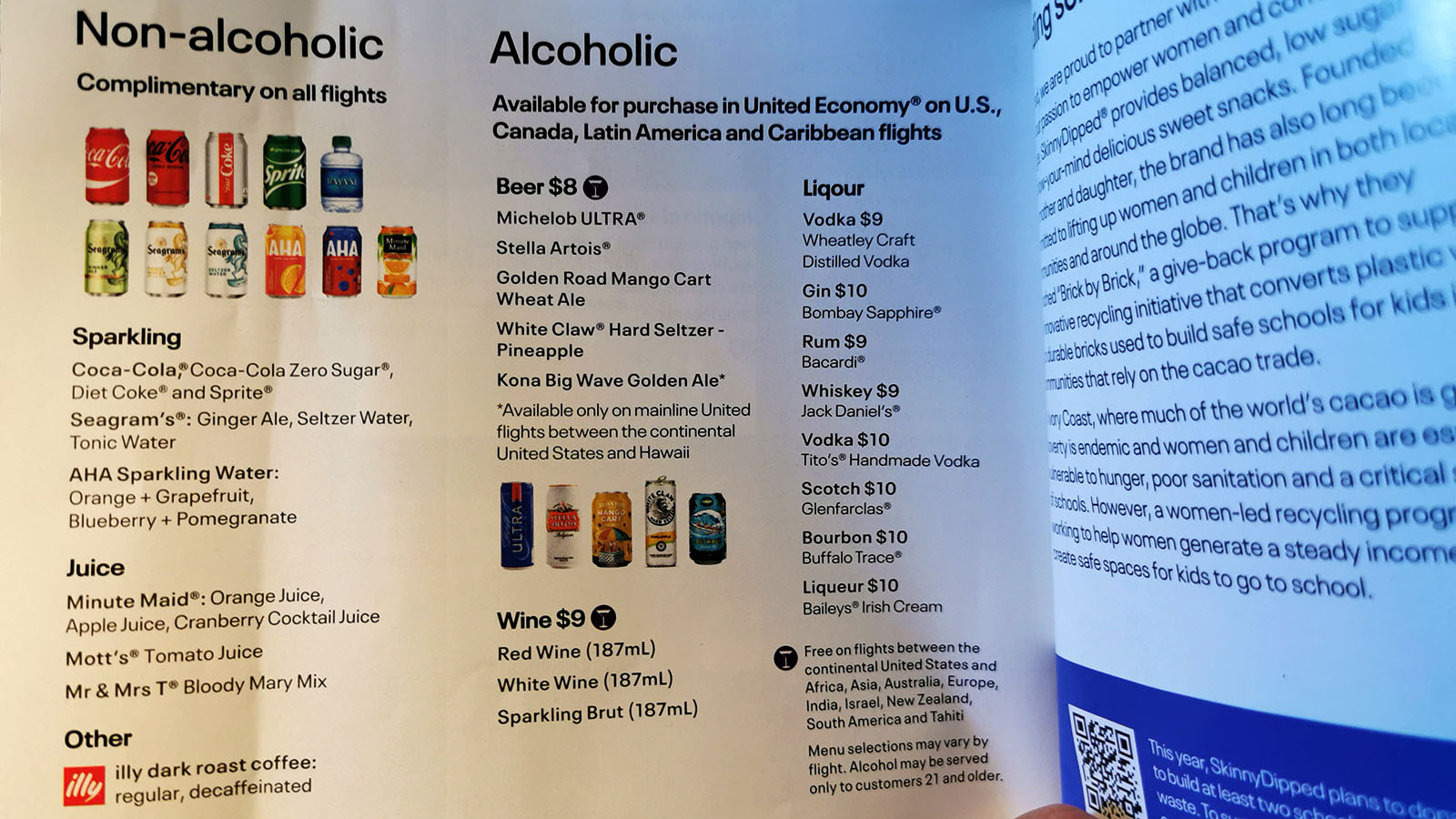 Free drink list for Economy with United Airlines