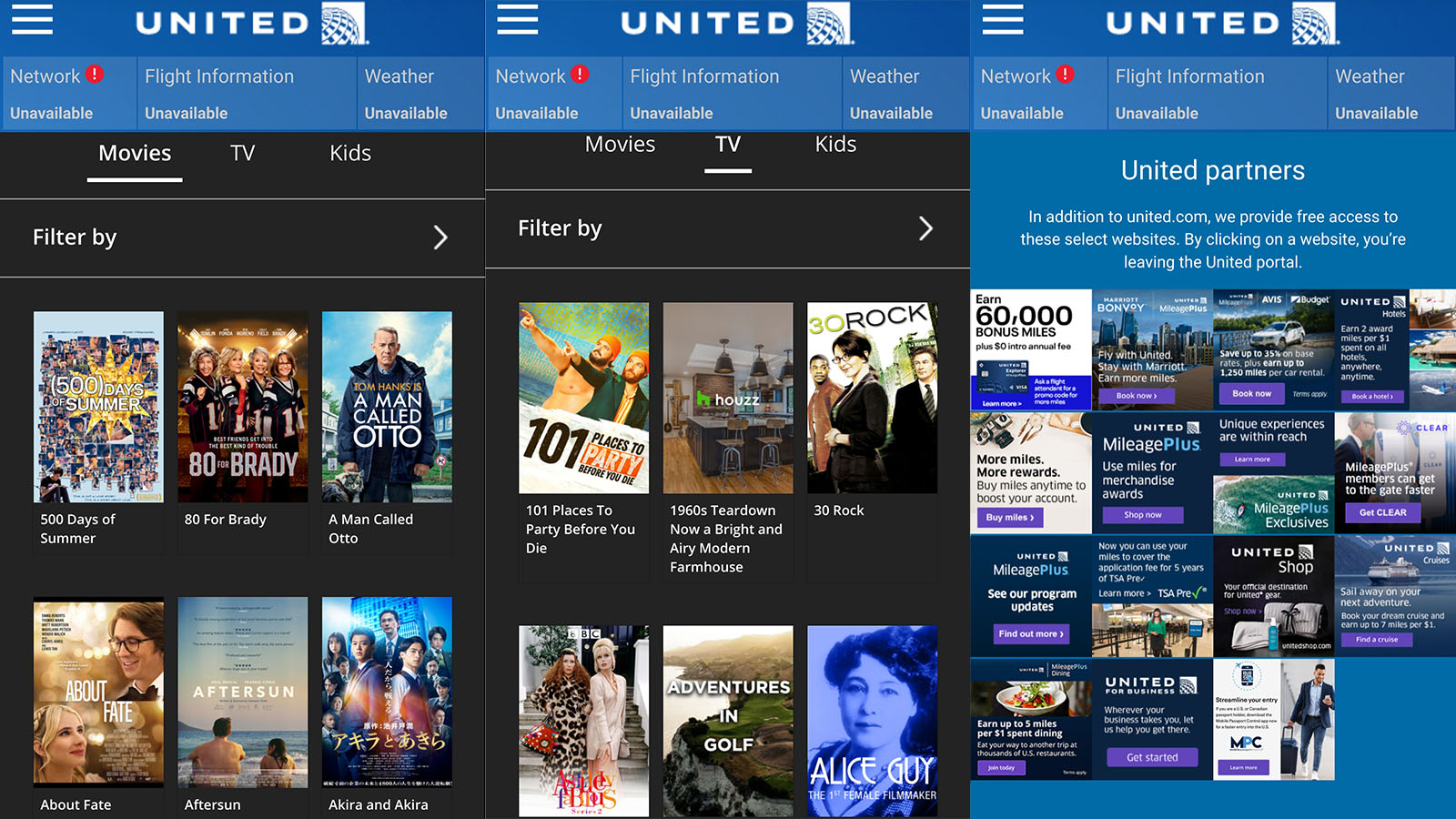 Screenshots of streaming movie choices on United