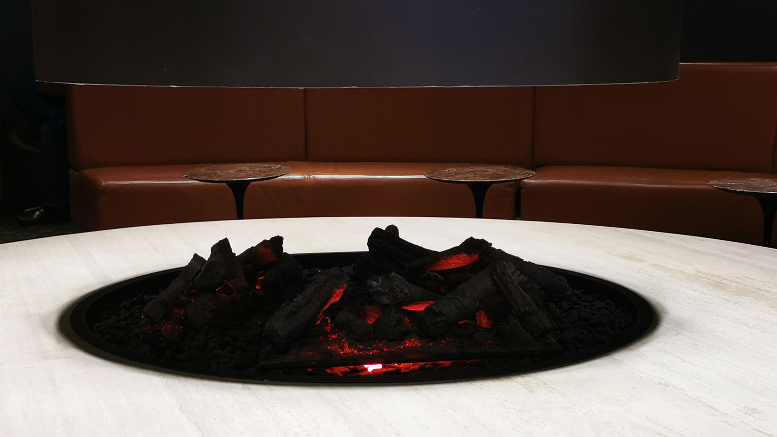 Close-up of the fireplace in the Qantas International Business Lounge in Los Angeles