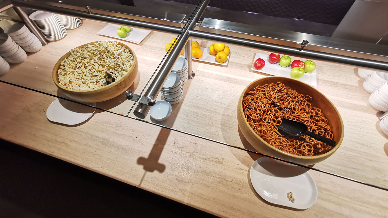 Popcorn and pretzels in the Qantas International Business Lounge in Los Angeles
