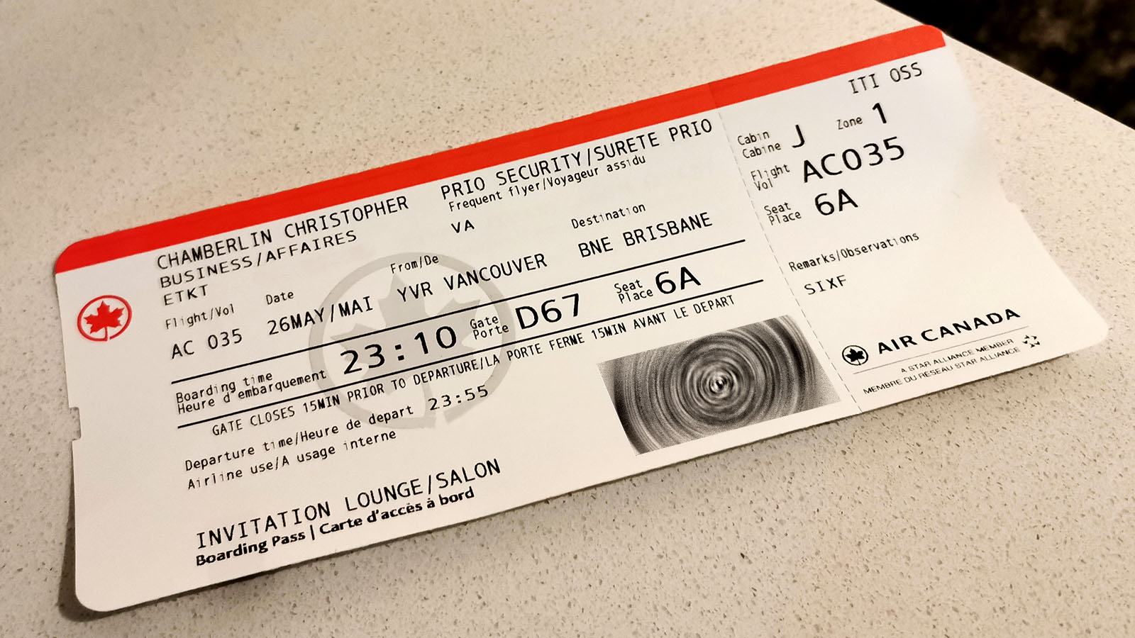 Air Canada Signature Class boarding card