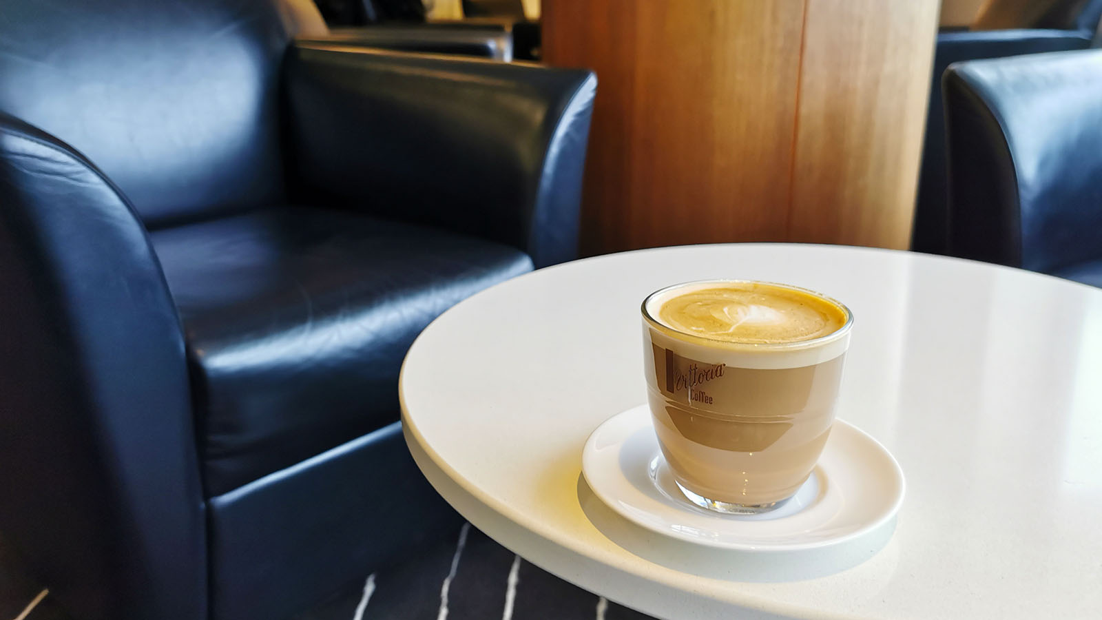 Coffee in Qantas International First Lounge in Auckland, available before QF3 to New York.