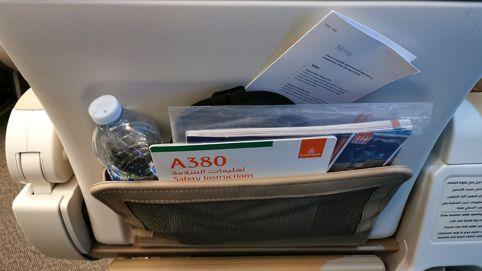 Storage pouch in Emirates Airbus A380 Premium Economy