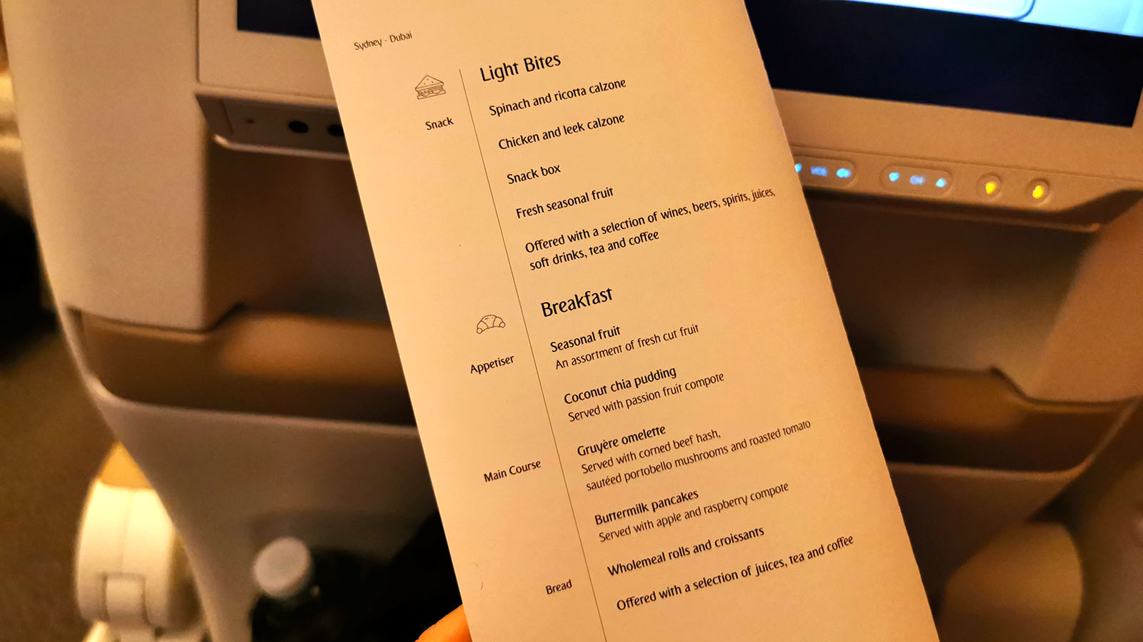 Food list in Emirates Airbus A380 Premium Economy