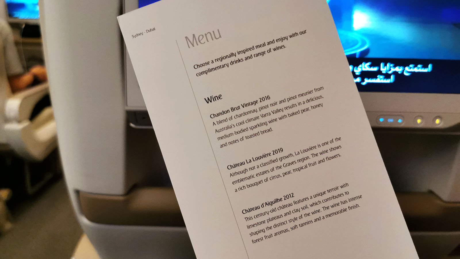 Wine options in Emirates Airbus A380 Premium Economy