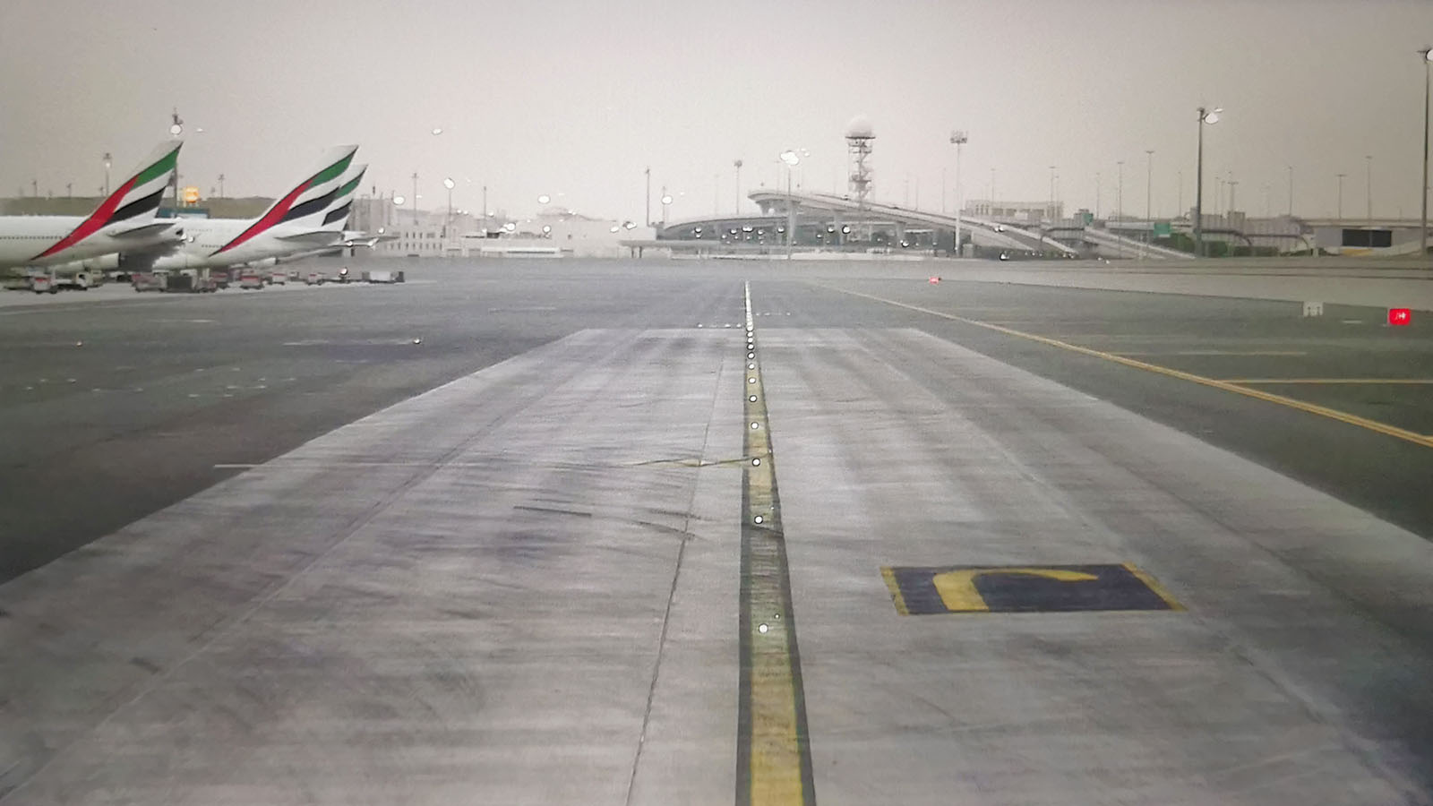 Dubai Airport seen from Emirates Airbus A380 Premium Economy