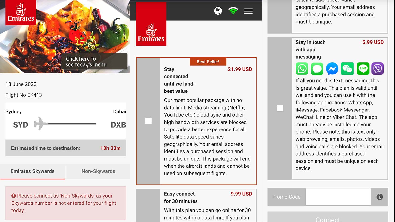 Internet prices in Emirates Airbus A380 Premium Economy